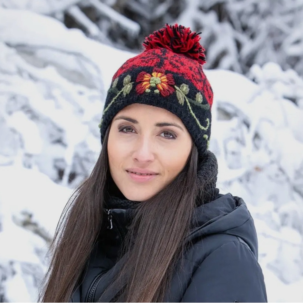 Lost Horizons Eleanor Beanie Hand-Knit Wool Fleece Lined Hat Floral Embroidery - Picture 2 of 3